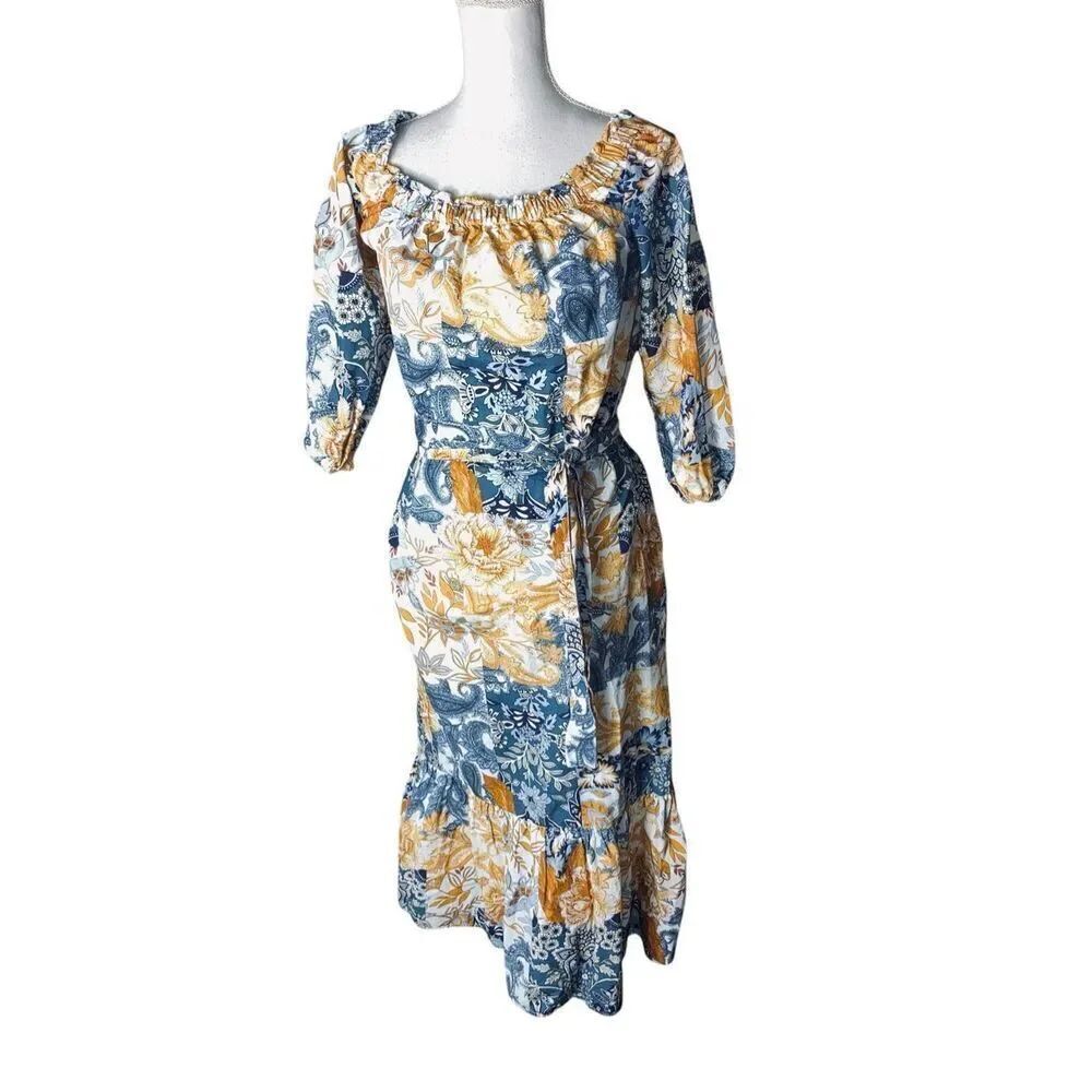 Boston Proper Blue Gold Paisley Tie Waist Linen Cotton Boho Maxi Dress Wm Small